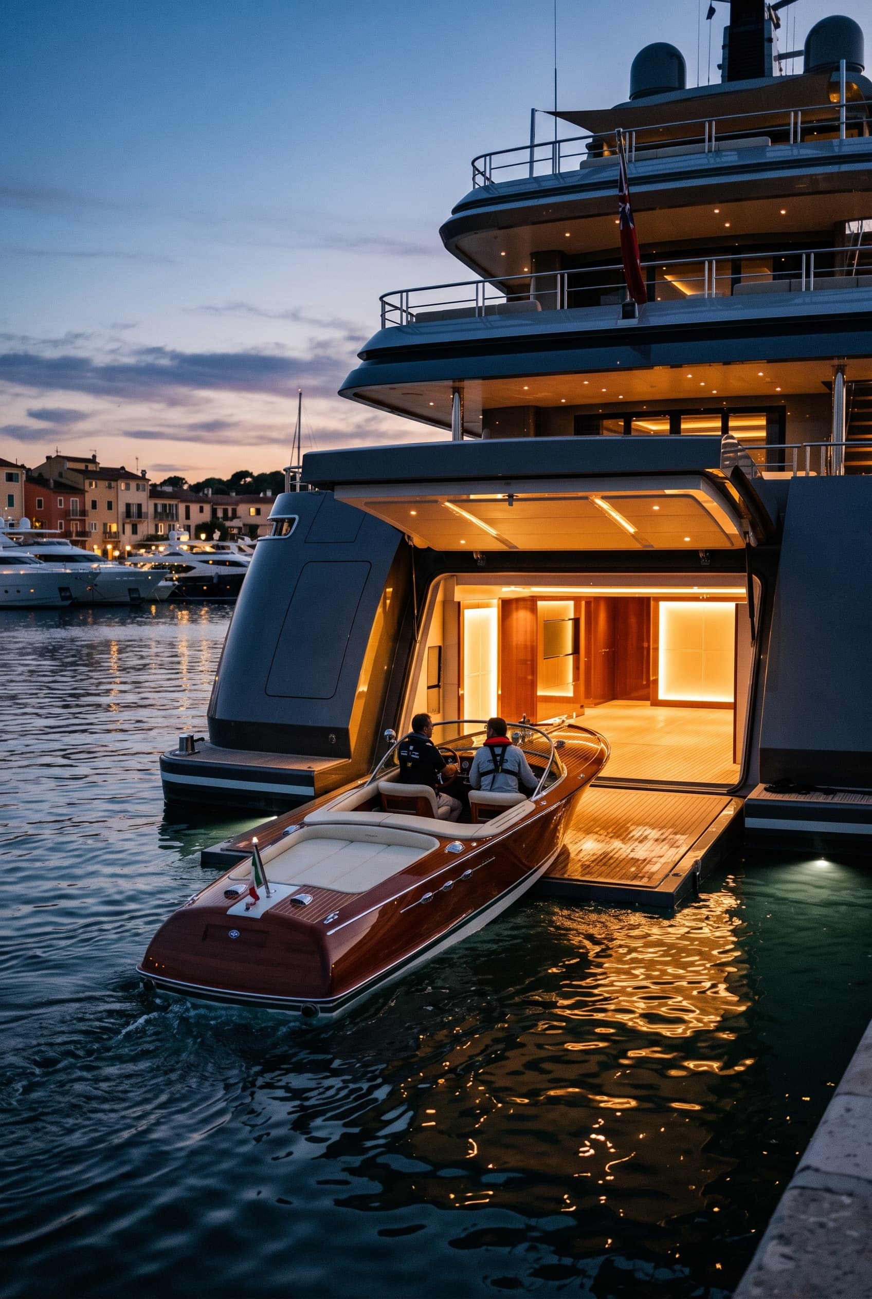 Tender launching from the superyacht's garage at dusk