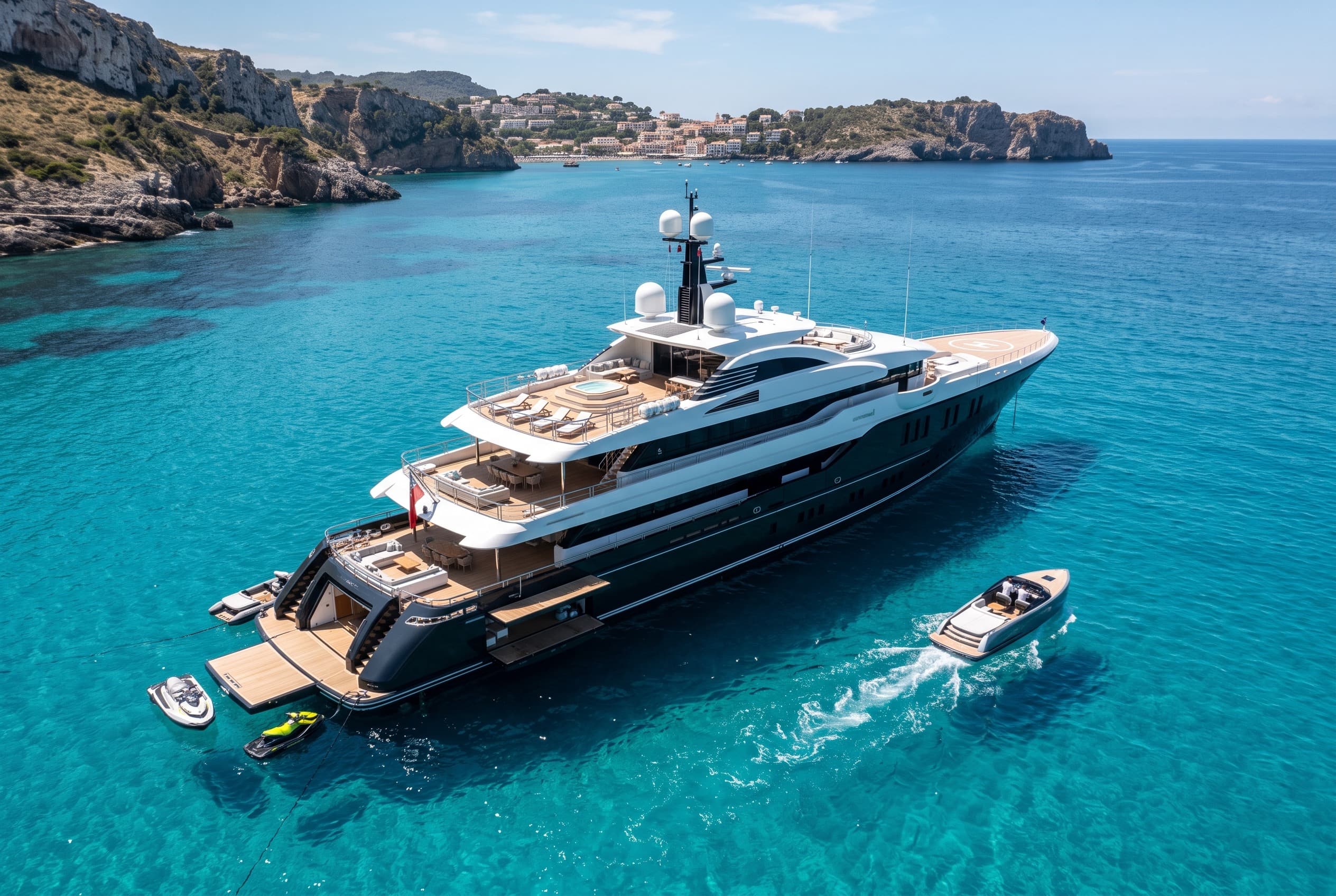 A tender alongside its superyacht at anchor, showing the scale of the vessel it serves