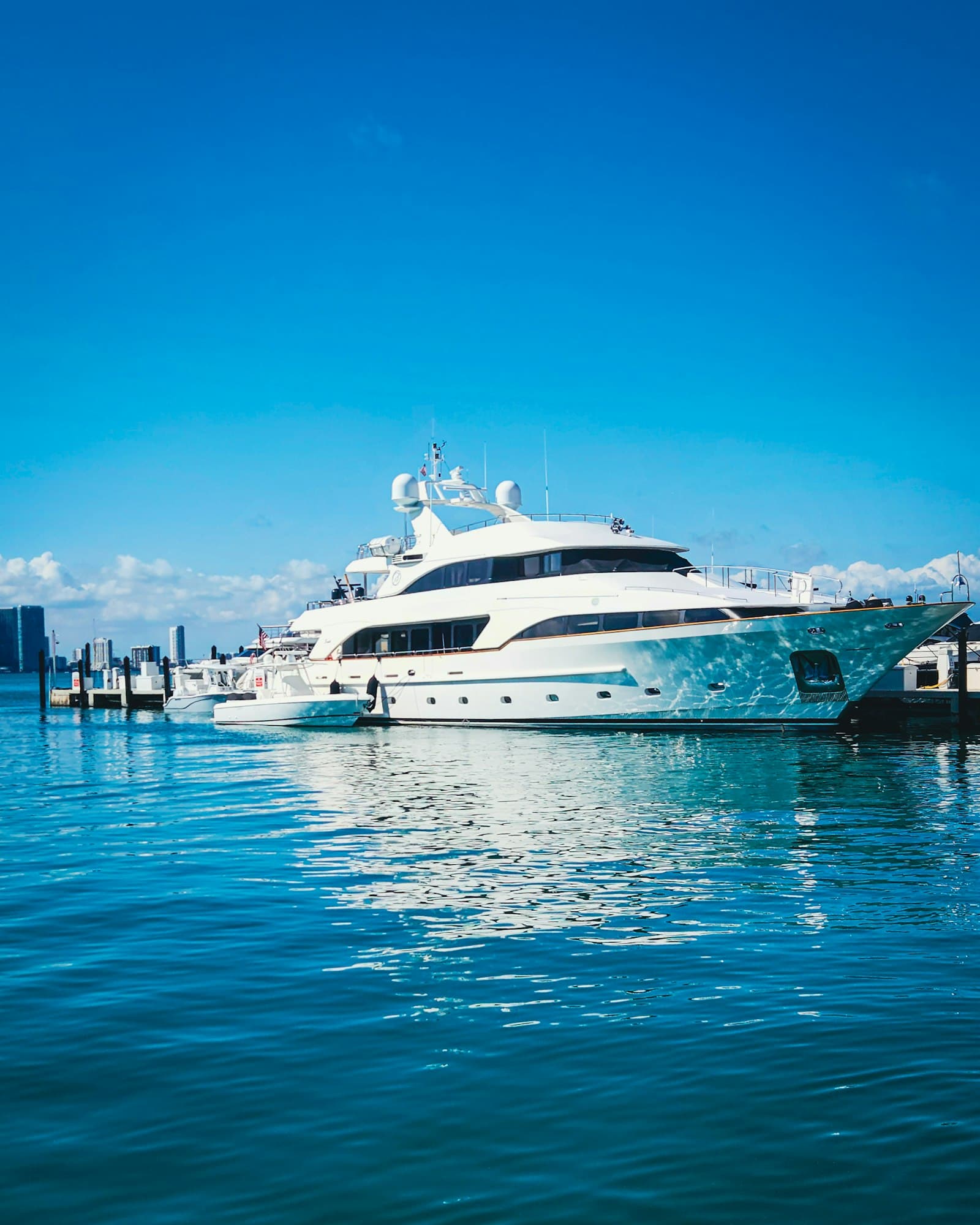 The completed yacht at anchor